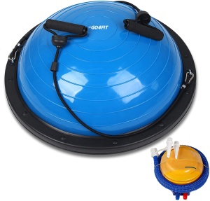 Minge Echilibru Bosu GO4FIT®, Diametru 58 cm, 2 Corzi Elastice cu Manere, Pompa Inclusa, PVC Non-Toxic, Suprafata Texturata Antiderapanta, Greutate Maxima 150 kg, pentru Fitness, Yoga, Pilates si Recuperare, Albastru