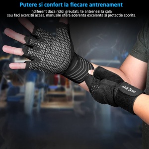 Resigilat - Manusi Fitness si Sala GO4FIT®, Protectie Palma, Neopren Rezistent, Material Respirabil, Curele Incheietura, Velcro, Potrivite pentru Powerlifting, Trageri, Negru - Img 3