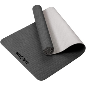 Saltea Fitness si Yoga GO4FIT®, 183 x 62 cm, Grosime 6 mm, Dublu Strat cu Textura Antiderapanta, Material Eco-Friendly Rezistent la Apa, Usor de Curatat, Usoara si Rulabila, pentru Pilates, Aerobic si Exercitii la Sol, Negru/Gri