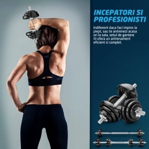 Set Gantere Reglabile din Fonta GO4FIT®, 20 kg, Transformabile in Haltera cu Bara de Conectare, 4 Sigurante Cauciucate, Manere Antiderapante, Discuri 2.5/1.25/0.5 kg, pentru Antrenament Complet Acasa sau la Sala, Negru - Img 7