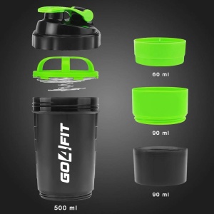 Shaker Proteine GO4FIT®, 600 ml, Plastic fara BPA, cu Capac, 2 Recipiente pentru Pudra Proteica, Compartiment pentru Pastile, Accesoriu de Amestecare, pentru Sala, Fitness si Suplimente, Usor de Transportat, Verde - Img 3