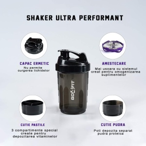 Shaker Proteine GO4FIT®, 600 ml, Plastic fara BPA, cu Capac, 2 Recipiente pentru Pudra Proteica, Compartiment pentru Pastile, Accesoriu de Amestecare, pentru Sala, Fitness si Suplimente, Usor de Transportat, Negru - Img 3