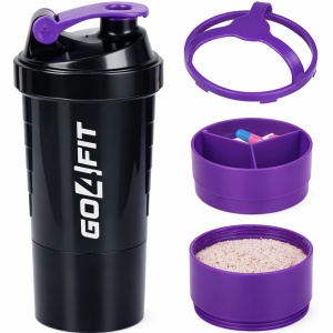 Shaker Proteine GO4FIT®, 600 ml, Plastic fara BPA, cu Capac, 2 Recipiente pentru Pudra Proteica, Compartiment pentru Pastile, Accesoriu de Amestecare, pentru Sala, Fitness si Suplimente, Usor de Transportat, Mov