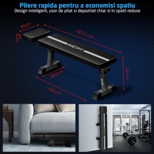 Banca Fitness GO4FIT®, Model B100, Greutate Maxima 150 kg, Cadru Otel 50 mm, Tetiera Reglabila 3 Pozitii, Lungime 137.5 cm, Pliabila, Mecanism Triplu Blocare, Negru - Img 7