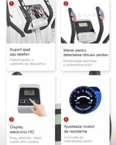 Bicicleta Eliptica Magnetica, GO4FIT®, pentru Fitness cu Monitorizare Activitati Fizice, Puls, Viteza, Timp, Distanta si Calorii, Greutate Maxima 110 kg, 8 Niveluri de Rezistenta, Volanta 5 kg, Rosie - Img 8