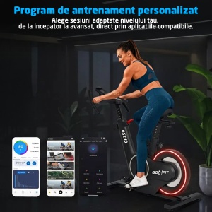 Bicicleta Spinning Electromagnetica GO4FIT®, Model GF250, Volanta 12 kg, Rezistenta Reglabila 32 Trepte, Greutate Maxima Utilizator 120 kg, Bluetooth, Compatibila Kinomap, Iluminare LED Dinamica, Consola Electronica, Suport Telefon, Ghidon si Sa Reglabile - Img 4