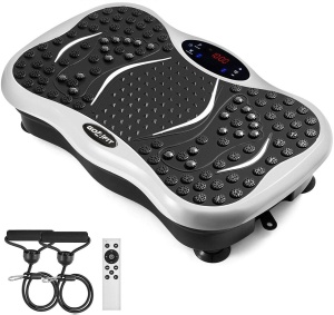 Resigilat - Aparat Vibromasaj GO4FIT® GF1000, Platforma Vibratii Fitness, Putere 200 W, 99 Viteze, 5 Programe, 2 Benzi Elastice de Rezistenta, Telecomanda, Boxe Integrate si USB, Magneti Masaj Talpi, Greutate Maxima 120 kg, Alb
