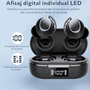 Resigilat - Casti Wireless Audio fara Fir, Bluetooth 5.3, Microfon, Afisaj LED Control Tactil, Autonomie 60h, Tip Incarcare Type-C, Carcasa Magnetica, Rezistenta la Apa IPX8, 500mAh, Negru - Img 8