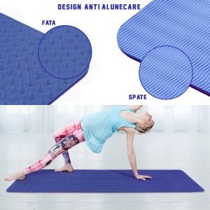 Saltea Fitness si Yoga GO4FIT®, 183 x 62 cm, Grosime 6 mm, Dublu Strat cu Textura Antiderapanta, Material Eco-Friendly Rezistent la Apa, Usor de Curatat, Usoara si Rulabila, pentru Pilates, Aerobic si Exercitii la Sol, Albastru - Img 4