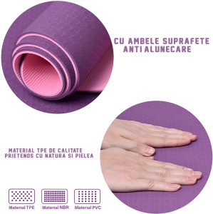 Saltea Fitness si Yoga GO4FIT®, 183 x 62 cm, Grosime 6 mm, Dublu Strat cu Textura Antiderapanta, Material Eco-Friendly Rezistent la Apa, Usor de Curatat, Usoara si Rulabila, pentru Pilates, Aerobic si Exercitii la Sol, Mov - Img 2