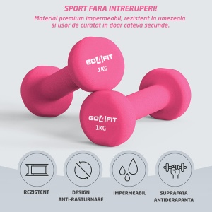 Set 2 Gantere Fitness GO4FIT®, Greutate 2 x 1 kg, Interior Fonta Solida si Invelis Neopren, Design Ergonomic Anti-roll, Suprafata Antiderapanta, Impermeabile, Antrenamente Acasa, Aerobic sau Sala Forta, Protejeaza Podeaua, Roz - Img 3