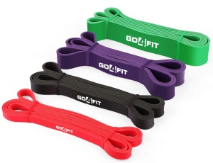 Set 4 Benzi Elastice Lungi GO4FIT®, Resistance Bands din Latex 100% Natural, 4 Niveluri de Rezistenta, Lungime 208 cm, pentru Fitness, Sala, Mobilitate, Stretching, Yoga si Gimnastica de Recuperare, Rosu/Negru/Mov/Verde