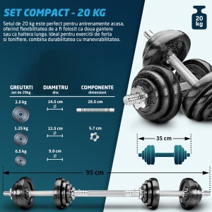 Set Gantere Reglabile din Fonta GO4FIT®, 20 kg, Transformabile in Haltera cu Bara de Conectare, 4 Sigurante Cauciucate, Manere Antiderapante, Discuri 2.5/1.25/0.5 kg, pentru Antrenament Complet Acasa sau la Sala, Negru - Img 5