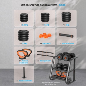 Set Gantere Reglabile GO4FIT, Model FED, 30kg, Extensie Haltera si Baza Kettlebell, Manere Flotari, Protectie Bara, Sistem de Prindere Sigur, Manere Antiderapante, Antrenament Complet Acasa sau Sala - Img 2