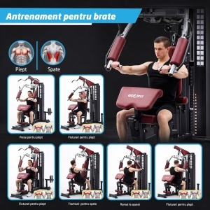 Aparat Multifunctional Fitness GO4FIT®, Model M1000, Home Gym Profesional cu Bloc Greutati 72 Kg, 35+ Exercitii, Presa Piept, Fluturari, Tractiuni Inalte & Joase, Extensii Picioare, Scripeti Dubli, Cadru Otel Solid, Antrenament Full Body, Negru - Img 3