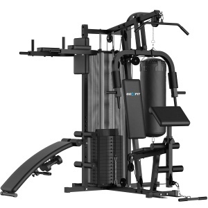 Aparat Multifunctional Fitness GO4FIT®, Model M200, Home Gym 4-in-1 cu Sac de Box & Banca Abdomene, Bloc Greutati 72 Kg, Suport Gantere, Sistem Scripeti & Tractiuni, Cadru Otel Solid, Antrenament Full Body, Negru