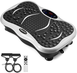 Aparat Vibromasaj GO4FIT® GF1000, Platforma Vibratii Fitness, Putere 200 W, 99 Viteze, 5 Programe, 2 Benzi Elastice de Rezistenta, Telecomanda, Boxe Integrate si USB, Magneti Masaj Talpi, Greutate Maxima 120 kg, Alb
