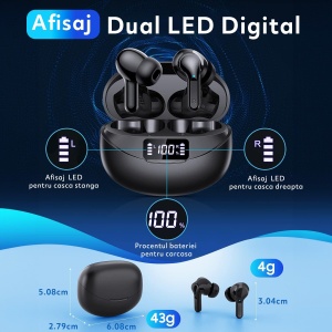 Casti Wireless Audio fara Fir, Microfon, Afisaj LED, Autonomie 35h, Negru - Img 5