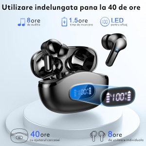 Casti Wireless Audio fara Fir, Microfon cu ENC, Afisaj LED, Autonomie 40h, Negru - Img 4