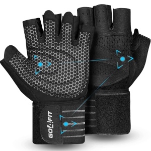 Manusi Fitness si Sala GO4FIT®, Protectie Palma, Neopren Rezistent, Material Respirabil, Curele Incheietura, Velcro, Potrivite pentru Powerlifting, Trageri, Negru - Img 1