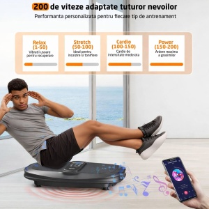 Resigilat - Aparat Vibromasaj GO4FIT®, Model V3000, 200W, 200 Niveluri Viteza, 4 Programe Presetate, Bluetooth & Difuzor Integrat, Display LED Tactil, Telecomanda Inclusa, Platforma 80x44 cm, Silentios 45dB, Greutate Maxima 150 kg, Negru - Img 2