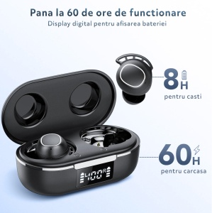Resigilat - Casti Wireless Audio fara Fir, Bluetooth 5.3, Microfon, Afisaj LED Control Tactil, Autonomie 60h, Tip Incarcare Type-C, Carcasa Magnetica, Rezistenta la Apa IPX8, 500mAh, Negru - Img 5