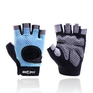 Resigilat - Manusi Fitness GO4FIT® pentru Sala, Material Respirabil Perforat, Palma Captusita 7 mm, Puncte de Silicon Antiderapante, Inchidere Velcro, Zona Absorbanta pe Degete, pentru Culturism, Crossfit si Ciclism, Albastru/Negru