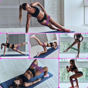 Set 3 Benzi Elastice din Material Textil GO4FIT®, 3 Niveluri de Rezistenta, Antiderapante, Potrivite pentru Piele Sensibila, pentru Fitness, Fese si Picioare, Aerobic, Pilates, Yoga, Stretching si Recuperare, Saculet Inclus, Verde/Mov/Roz - Img 6