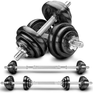 Set Gantere Reglabile din Fonta GO4FIT®, 20 kg, Transformabile in Haltera cu Bara de Conectare, 4 Sigurante Cauciucate, Manere Antiderapante, Discuri 2.5/1.25/0.5 kg, pentru Antrenament Complet Acasa sau la Sala, Negru