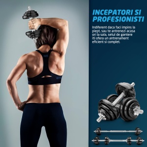 Set Gantere Reglabile din Fonta GO4FIT®, 40 kg, Transformabile in Haltera cu Bara de Conectare, 6 Sigurante Cauciucate, Manere Antiderapante, Discuri 5/2.5/1.25/0.5 kg, pentru Antrenament Complet Acasa sau la Sala, Negru - Img 7