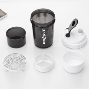 Shaker Proteine GO4FIT®, 600 ml, Plastic fara BPA, cu Capac, 2 Recipiente pentru Pudra Proteica, Compartiment pentru Pastile, Accesoriu de Amestecare, pentru Sala, Fitness si Suplimente, Usor de Transportat, Alb - Img 2