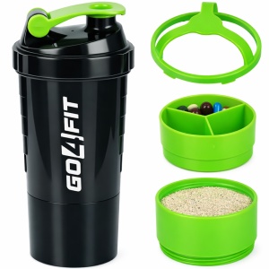 Shaker Proteine GO4FIT®, 600 ml, Plastic fara BPA, cu Capac, 2 Recipiente pentru Pudra Proteica, Compartiment pentru Pastile, Accesoriu de Amestecare, pentru Sala, Fitness si Suplimente, Usor de Transportat, Verde