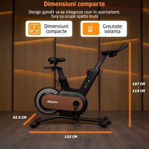 Bicicleta Spinning Electromagnetica GO4FIT®, Model GF240, Volanta 12 kg, Greutate Maxima Utilizator 150 kg, Rezistenta Magnetica Reglabila, Sistem de Franare, Sa si Ghidon Reglabile, Consola cu Monitorizare Timp, Viteza, Distanta, Puls - Img 3