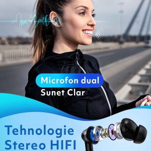 Casti Wireless Audio fara Fir, Microfon, Afisaj LED, Autonomie 35h, Negru - Img 3