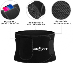 Centura de Slabit GO4FIT® pentru Fitness, Efect de Sauna, Neopren Gros fara Latex, Modelare Talie si Abdomen, Buzunar pentru Telefon, Inchidere Velcro Ajustabila, Flexibila si Confortabila, Negru - Img 2