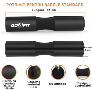 Protectie Bara pentru Genuflexiuni GO4FIT®, Barbell Pad din Spuma cu Memorie, Design Ergonomic, 45 x 9 cm, Compatibila cu Barele Olimpice, Protejeaza Gatul si Umerii, pentru Fandari si Ridicari de Bazin, Negru - Img 2
