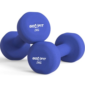 Resigilat - Set 2 Gantere Fitness GO4FIT®, Greutate 2 x 2 kg, Interior Fonta Solida si Invelis Neopren, Design Ergonomic Anti-roll, Suprafata Antiderapanta, Impermeabile, Antrenamente Acasa, Aerobic sau Sala Forta, Protejeaza Podeaua, Mov