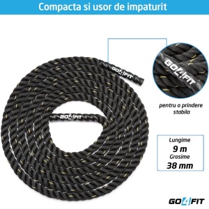 Resigilat - Sfoara Antrenament GO4FIT®, Franghie Fitness, 9 Metri Lungime, 3.8 cm Grosime, Negru/ Galben - Img 4