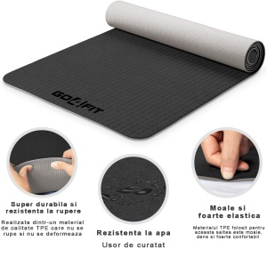 Saltea Fitness si Yoga GO4FIT®, 183 x 62 cm, Grosime 6 mm, Dublu Strat cu Textura Antiderapanta, Material Eco-Friendly Rezistent la Apa, Usor de Curatat, Usoara si Rulabila, pentru Pilates, Aerobic si Exercitii la Sol, Negru/Gri - Img 2