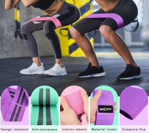 Set 3 Benzi Elastice din Material Textil GO4FIT®, 3 Niveluri de Rezistenta, Antiderapante, Potrivite pentru Piele Sensibila, pentru Fitness, Fese si Picioare, Aerobic, Pilates, Yoga, Stretching si Recuperare, Saculet Inclus, Verde/Mov/Roz - Img 3