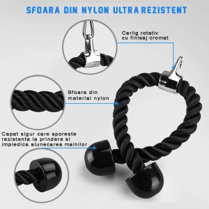Sfoara Triceps GO4FIT® pentru Aparate cu Cablu, Nylon Impletit Ultra-Rezistent, Capete din Cauciuc Antiderapante, Prindere Universala cu Carlig, pentru Triceps, Biceps, Spate, Umeri si Forta de Strangere, 68 cm, Negru - Img 2