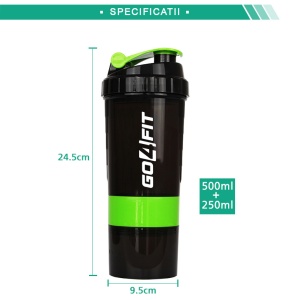 Shaker Proteine GO4FIT®, 600 ml, Plastic fara BPA, cu Capac, 2 Recipiente pentru Pudra Proteica, Compartiment pentru Pastile, Accesoriu de Amestecare, pentru Sala, Fitness si Suplimente, Usor de Transportat, Verde - Img 4