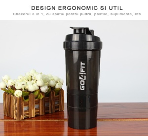 Shaker Proteine GO4FIT®, 600 ml, Plastic fara BPA, cu Capac, 2 Recipiente pentru Pudra Proteica, Compartiment pentru Pastile, Accesoriu de Amestecare, pentru Sala, Fitness si Suplimente, Usor de Transportat, Negru - Img 4