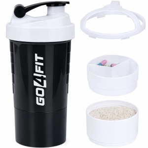 Shaker Proteine GO4FIT®, 600 ml, Plastic fara BPA, cu Capac, 2 Recipiente pentru Pudra Proteica, Compartiment pentru Pastile, Accesoriu de Amestecare, pentru Sala, Fitness si Suplimente, Usor de Transportat, Alb