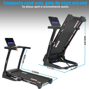 Banda de Alergat GO4FIT® Model FIT800, Viteza Maxima 20 km/h, Motor 4.0 CP, Inclinare Automata 20 Nivele, Pliere Hidraulica, 15 Programe, Bluetooth, Kinomap, Zwift, FitShow, Greutate Utilizator 120 kg - Img 6