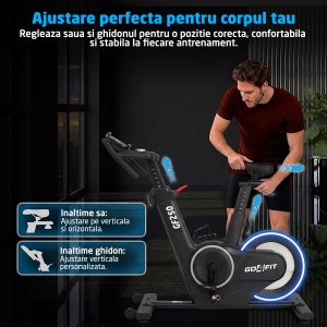 Bicicleta Spinning Electromagnetica GO4FIT®, Model GF250, Volanta 12 kg, Rezistenta Reglabila 32 Trepte, Greutate Maxima Utilizator 120 kg, Bluetooth, Compatibila Kinomap, Iluminare LED Dinamica, Consola Electronica, Suport Telefon, Ghidon si Sa Reglabile - Img 5