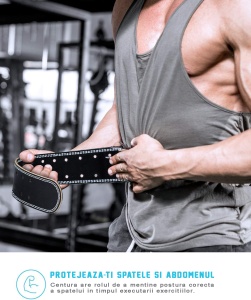 Centura pentru Ridicare Greutati GO4FIT® din Piele, Suport Lombar, Interior din Piele Intoarsa cu Burete, Elemente din Otel Inoxidabil, pentru Culturism, Bodybuilding, Cross Training si Fitness, Negru - Img 5