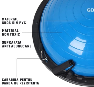 Minge Echilibru Bosu GO4FIT®, Diametru 58 cm, 2 Corzi Elastice cu Manere, Pompa Inclusa, PVC Non-Toxic, Suprafata Texturata Antiderapanta, Greutate Maxima 150 kg, pentru Fitness, Yoga, Pilates si Recuperare, Albastru - Img 6