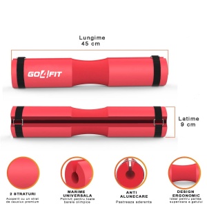 Protectie Bara pentru Genuflexiuni GO4FIT®, Barbell Pad din Spuma cu Memorie, Design Ergonomic, 45 x 9 cm, Compatibila cu Barele Olimpice, Protejeaza Gatul si Umerii, pentru Fandari si Ridicari de Bazin, Rosu - Img 2