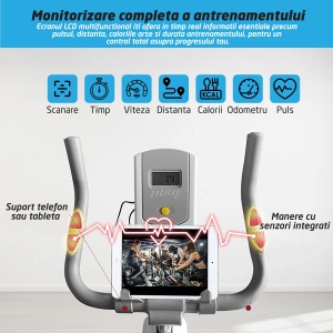 RESIGILAT - Bicicleta spinning pentru fitness, GO4FIT, model GF200, volanta 10kg, greutate maxima utilizator 150 kg, functii: timp, viteza, distanta, calorii, puls - Img 4